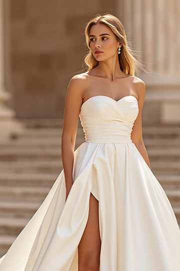 Ivory Satin A Line Strapless Court Train Wedding Dress with Slit